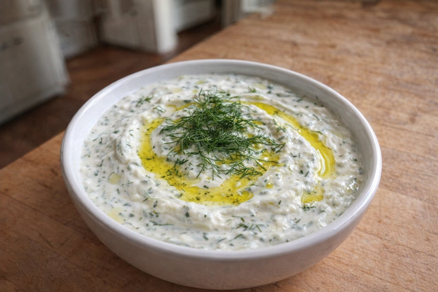A top-down shot of a bowl of freshly made Tzatziki, garnished with fresh dill and a drizzle of olive oil. Soft, natural light.